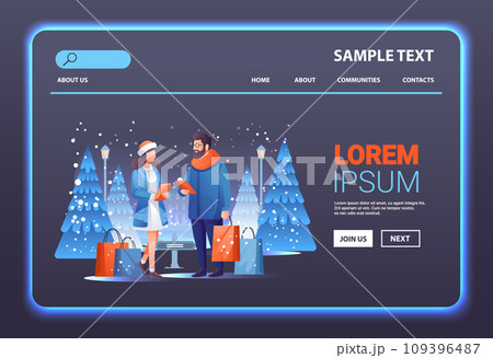 man woman couple in winter clothes holding shopping bags season big sale special offer promotion discount horizontal copy space man woman couple in winter clothes holding shopping bags season big sale special offer promotion discount horizontal copy space 109396487