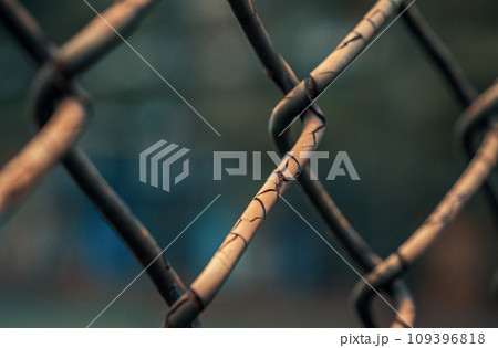 Close-up shot of rusted fence. Shallow focus. Close-up shot of rusted fence. Shallow focus. 109396818