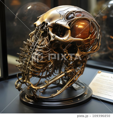 The skull looks strangely like an imaginary extraterrestrial creature. Set up on a base for display in a museum or biology lab. So that scientists and interested people can study the details closely. The skull looks strangely like an imaginary extraterrestrial creature. Set up on a base for display in a museum or biology lab. So that scientists and interested people can study the details closely. 109396850