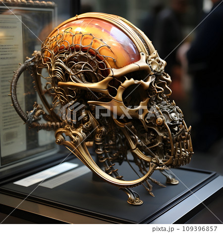 The skull looks strangely like an imaginary extraterrestrial creature. Set up on a base for display in a museum or biology lab. So that scientists and interested people can study the details closely. 109396857