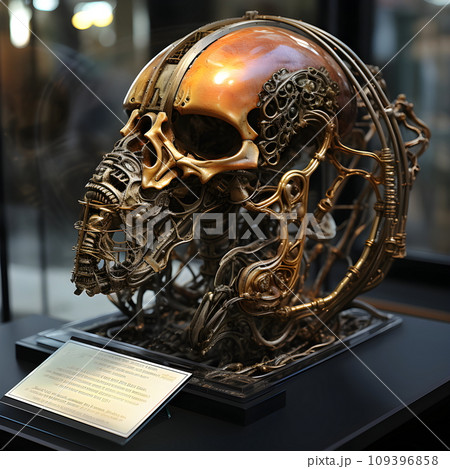 The skull looks strangely like an imaginary extraterrestrial creature. Set up on a base for display in a museum or biology lab. So that scientists and interested people can study the details closely. 109396858