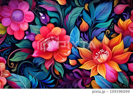 floral pattern with colorful flowers and leaves. illustration. 109396899