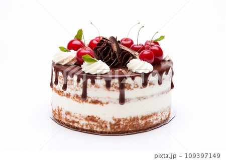 Chocolate cake with cream and cherry on a white background, isolated 109397149