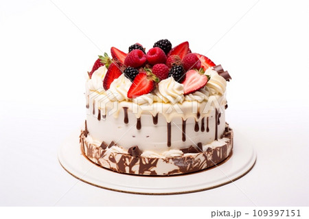Ice cream cake with fresh berries on white background. Selective focus. Ice cream cake with fresh berries on white background. Selective focus. 109397151