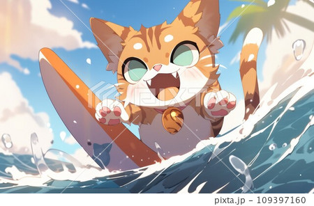 A cat on holiday rides a surfboard, cartoon style. Vacation, sport, surfing, summer time concept. Generative AI A cat on holiday rides a surfboard, cartoon style. Vacation, sport, surfing, summer time concept. Generative AI 109397160