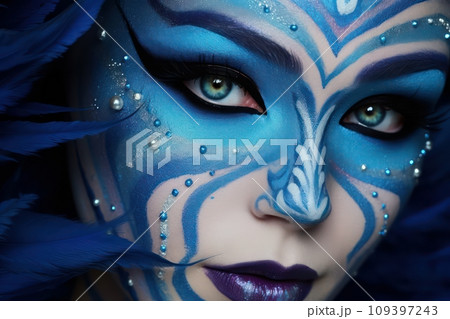 Beautiful woman with blue creative make up with pearls and feathers. Generative AI Beautiful woman with blue creative make up with pearls and feathers. Generative AI 109397243