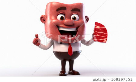 Meat steak with a cheerful face 3D on a white background. Meat steak with a cheerful face 3D on a white background. 109397353