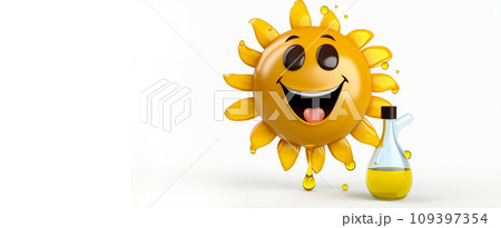 Sunflower oil drop with a cheerful face 3D on a white background. Sunflower oil drop with a cheerful face 3D on a white background. 109397354