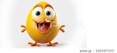 Chicken egg with a cheerful face 3D on a white background. 109397355