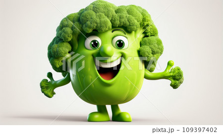Green broccoli with a cheerful face 3D on a white background. Green broccoli with a cheerful face 3D on a white background. 109397402