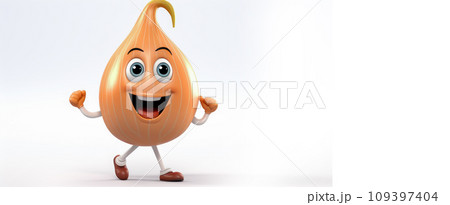 Onion with a cheerful face 3D on a white background. Onion with a cheerful face 3D on a white background. 109397404