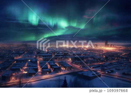 Colorful aurora borealis, polar lights on winter night over town. Generative AI 109397668