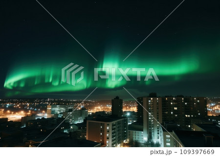 Aurora Borealis, northern lights over the big city. Generative AI 109397669