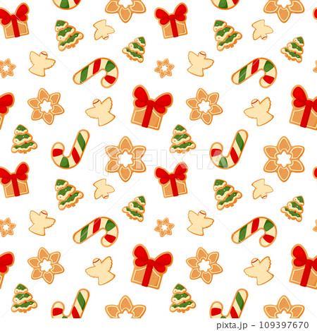 Christmas gingerbread cookie seamless pattern flat. Cartoon new year icon dessert ginger cookie sweet decorated background star snowflake xmas holly tree angel frosted lollipop traditional candy Christmas gingerbread cookie seamless pattern flat. Cartoon new year icon dessert ginger cookie sweet decorated background star snowflake xmas holly tree angel frosted lollipop traditional candy 109397670