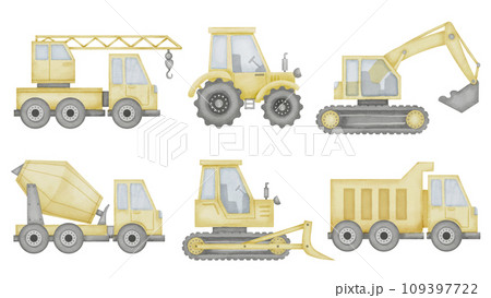 Truck Set Watercolor illustration. Hand drawn clip art of baby toy cars on isolated background. Tractor with lorry and concrete mixer drawing. Sketch of auto crane with excavator and bulldozer. 109397722