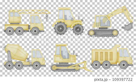 Truck Set Watercolor illustration. Hand drawn clip art of baby toy cars on isolated background. Tractor with lorry and concrete mixer drawing. Sketch of auto crane with excavator and bulldozer. Truck Set Watercolor illustration. Hand drawn clip art of baby toy cars on isolated background. Tractor with lorry and concrete mixer drawing. Sketch of auto crane with excavator and bulldozer. 109397722
