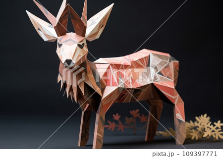 Deer figurine made of paper triangles. Japanese origami, paper art style 109397771