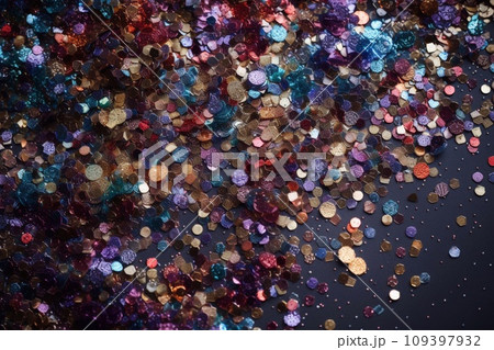 Multicolored glitter sparkle confetti on dark background. Festive decoration. 109397932