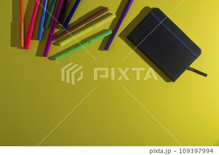 Back to school stationary markers notebook pencil crayons 109397994