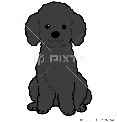 正面を向いてお座りするシンプルで可愛い黒いプードルのイラスト　主線あり 109398158