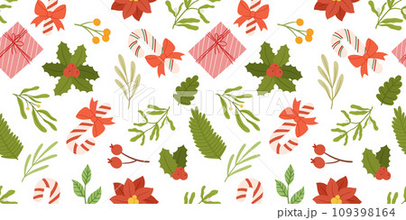 Christmas seamless pattern design with traditional candy cane with bow, holly berry plant, spruce branch, poinsettia, gift box and others green plants. Great for fabric, textile print or wrapping 109398164
