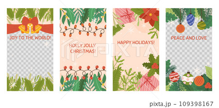 Social media Christmas stories template with copy space and transparent space for photo. Vertical banner decorated with bell with red bow and ribbon, spruce plants branches, gift boxes, light garland 109398167