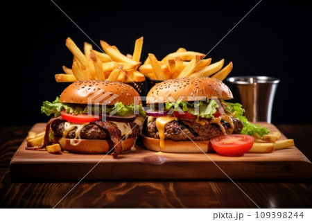 Two beef burgers with french fries on wooden cutting board 109398244