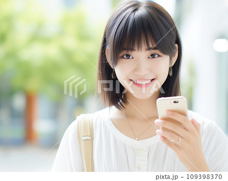 スマホを操作する笑顔の女性 109398370