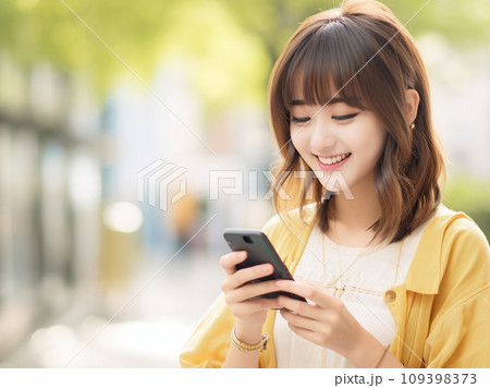 スマホを操作する笑顔の女性 109398373