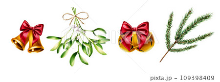 Watercolor christmas golden bells with red satin bow, green mistletoes with twine satin bow illustration. New year pine branchl isolated on white background. For designers, decoration, shop, for 109398409