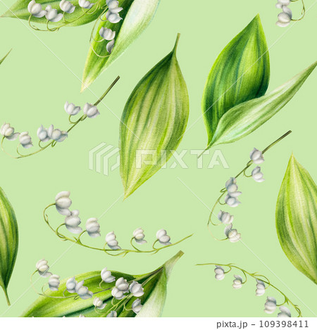 Watercolor seamless pattern with bouquets of lilies of the valley flowers isolated on background. Spring hand painted illustration. For designers, wedding, decoration, postcards, wrapping paper, Watercolor seamless pattern with bouquets of lilies of the valley flowers isolated on background. Spring hand painted illustration. For designers, wedding, decoration, postcards, wrapping paper, 109398411
