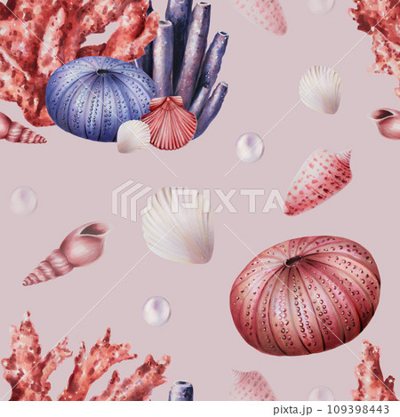 Watercolor seamless pattern with corals, urchin, shells and pearls. Hand painting clipart underwater life objects on a white isolated background. For designers, decoration, postcards, wrapping paper, Watercolor seamless pattern with corals, urchin, shells and pearls. Hand painting clipart underwater life objects on a white isolated background. For designers, decoration, postcards, wrapping paper, 109398443