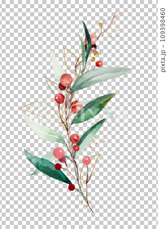 Christmas bouquet with watercolor twigs with green leaves and red berries. Holidays Illustration 109398460