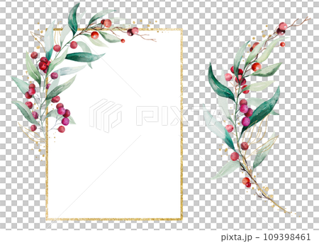 Christmas bouquet and frame with watercolor twigs with green leaves and red berries. Holidays Illustration 109398461