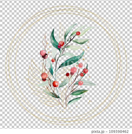 Christmas round frame with watercolor twigs with leaves and red berries bouquet Illustration 109398462
