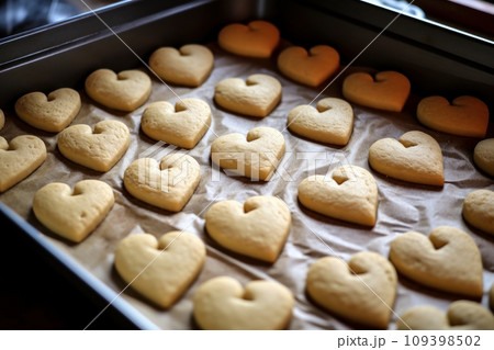 Heart shaped cookies on baking tray 109398502
