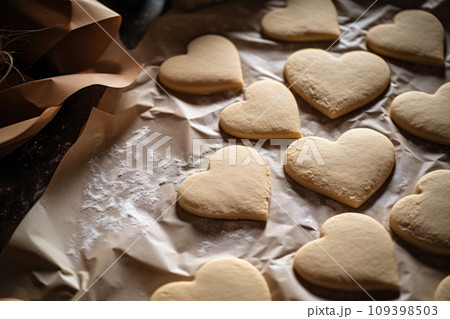 Heart shaped cookies on baking parchment paper 109398503