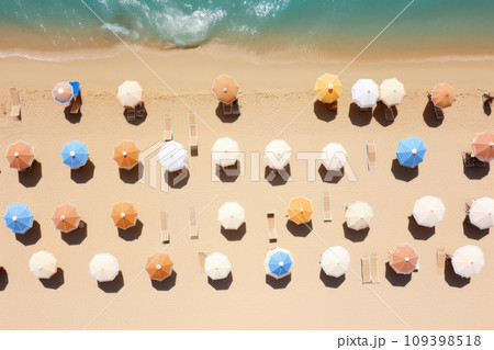 Aerial view of beach with lounge chairs and umbrellas 109398518