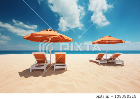 Beach with lounge chairs and umbrellas, seashore 109398519