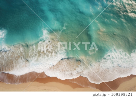 Aerial view of sandy beach and waves. Turquoise water, summer landscape 109398521
