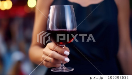 Female hand holds one glass goblet with white wine. 109398652