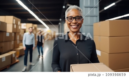 Businesswoman standing on fabric warehouse and working with papers. 109398659