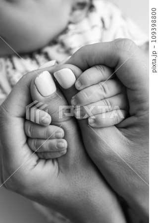 Parents' hands hold the fingers of a newborn baby. The hand of a mother and father close-up holds the fist of a newborn baby. Family health and medical care. Tiny fingers in a black and white photo. 109398800