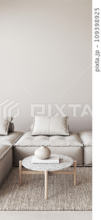 Zen like calm in a minimalist space. A neutral-toned modular sofa, terrazzo coffee table, and textured rug in a serene 3d render living room setting 109398925