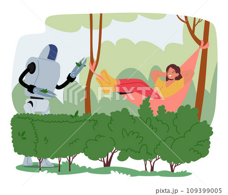 Robot Gardener Character Deftly Trims Shrubs With Its Mechanical Arms Scissors, Bringing Order To The Garden 109399005