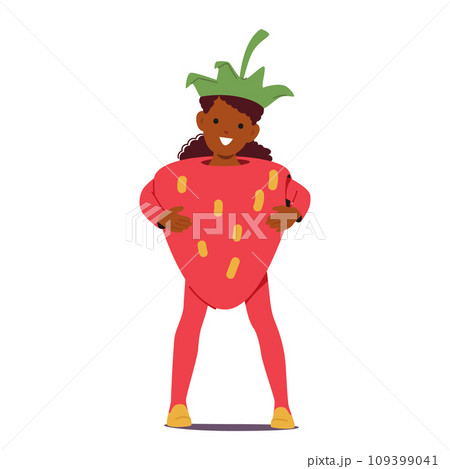 Cheerful Girl Wears A Vibrant Strawberry Costume, Complete With Seeds And Green Stem, Spreading Sweetness And Joy 109399041