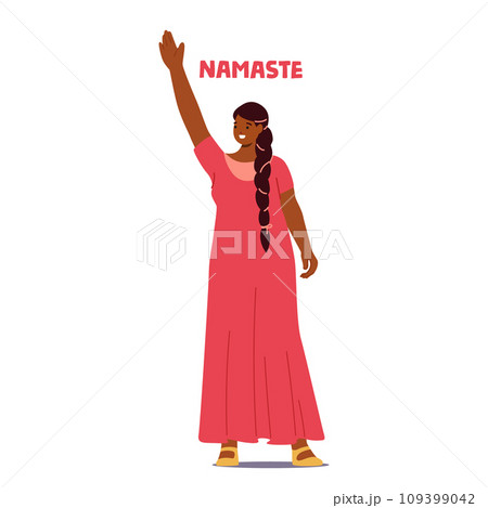 Indian Woman In A Vibrant Saree, Warmly Greets With A Traditional Namaste, Her Hand Waving In A Gesture Of Respect Indian Woman In A Vibrant Saree, Warmly Greets With A Traditional Namaste, Her Hand Waving In A Gesture Of Respect 109399042