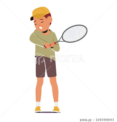 Exhausted And Bleary-eyed, Tired Sleepy Kid Boy Character with Tennis Racquet in Hands, Fatigue Tired Child 109399043