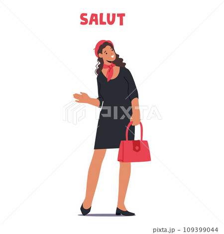 Female Character Elegantly Saying Salut. Woman With A Warm Smile, Extends A Friendly French Greeting Vector Illustration 109399044