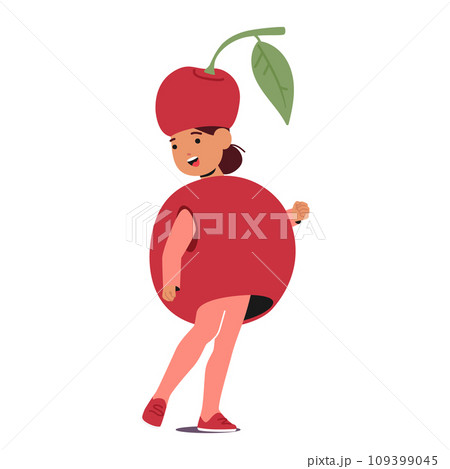 Child Wears A Vibrant Cherry Costume, Delightfully Embodying The Fruity Spirit. Girl Character With A Cheerful Smile Child Wears A Vibrant Cherry Costume, Delightfully Embodying The Fruity Spirit. Girl Character With A Cheerful Smile 109399045